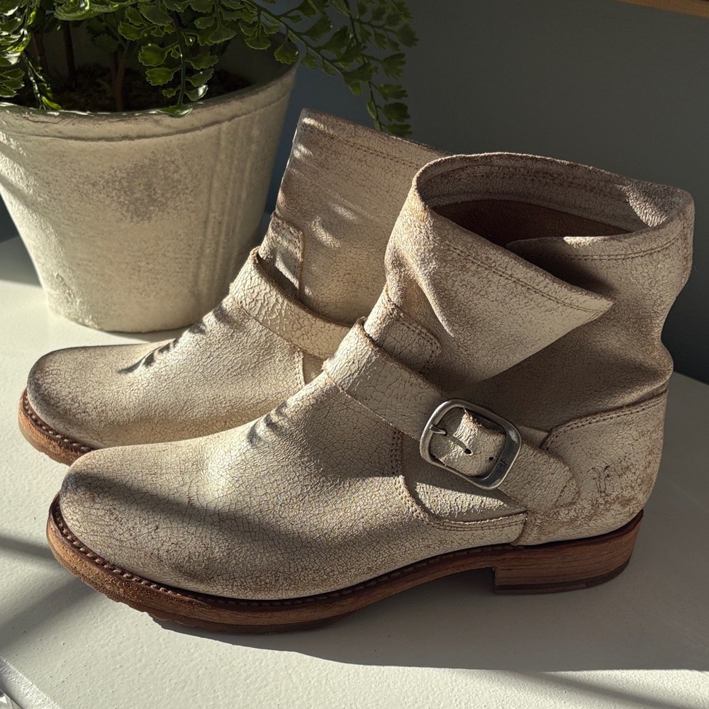 Frye Distressed Cream Ankle Boots